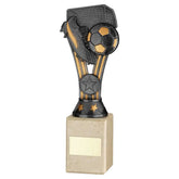 PEWTER/GOLD PLASTIC 'WEMBLEY' FIGURE ON CREAM MARBLE TROPHY - (1in CEN) - 9in